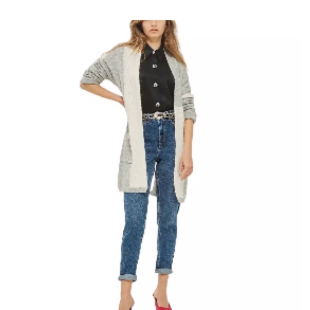 Topshop Light Gray and Cream Cable Knit Open Front Long Cardigan Sweater Size 6